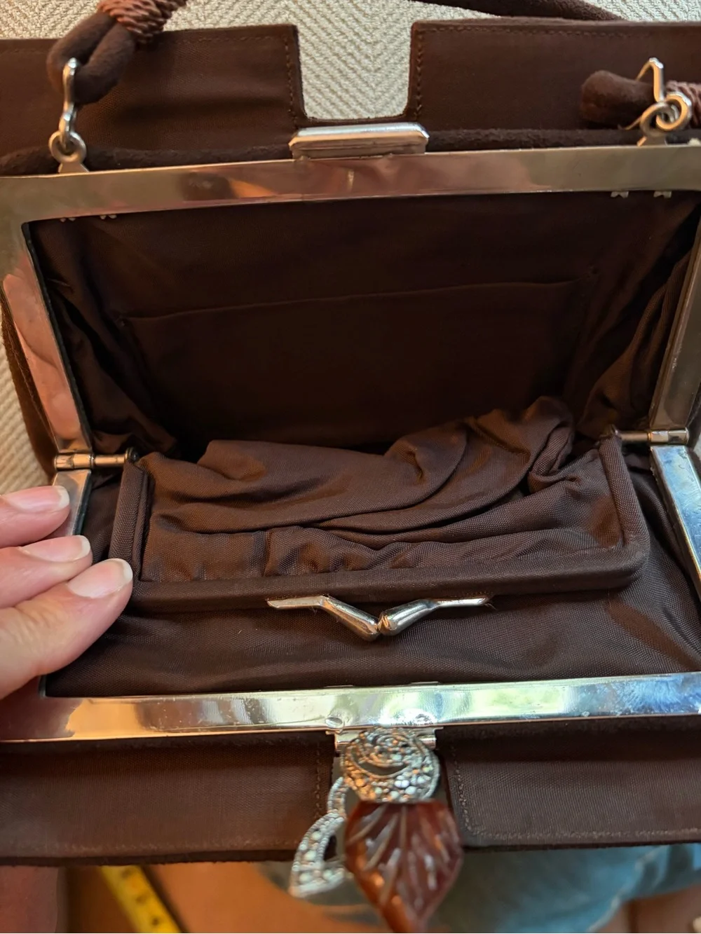 Vintage Brown French Antelope Handbag with Silver/Leaf Accent